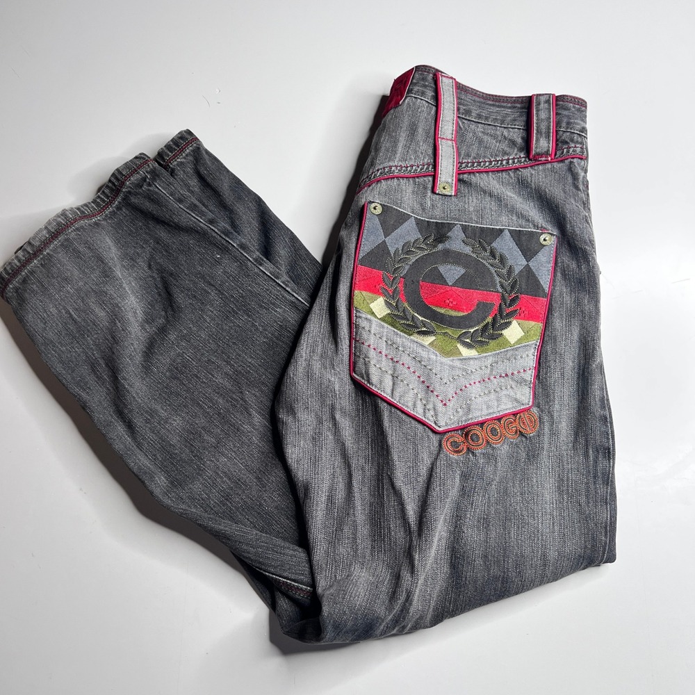 Coogi Jeans Mens 36x34‎ Black Faded Denim Embroidered Patchwork Straight Leg Y2K